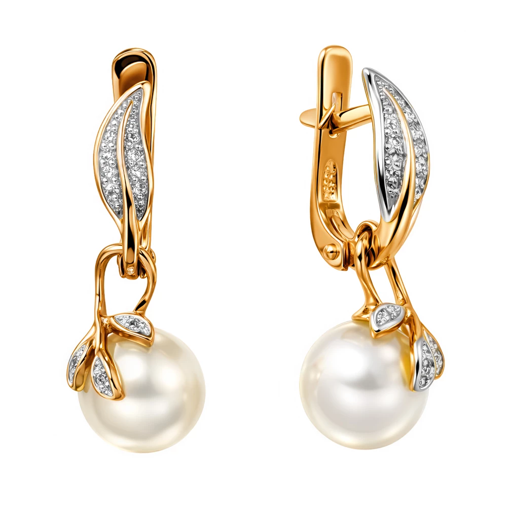 Серьги с культивированным жемчугом и фианитами из красного золота 585 пробы