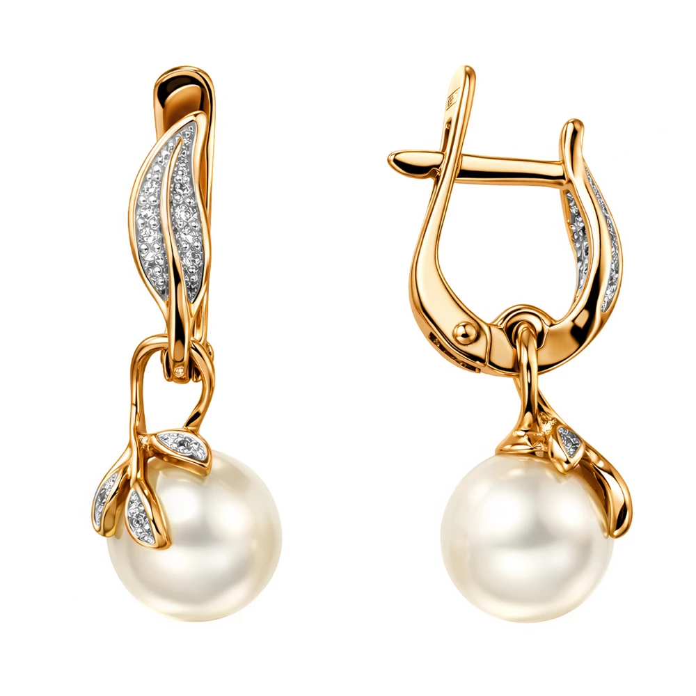 Серьги с культивированным жемчугом и фианитами из красного золота 585 пробы