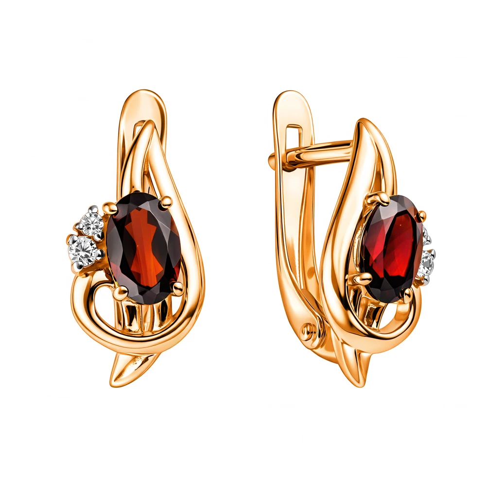 Серьги с гранатами и фианитами из красного золота 585 пробы
