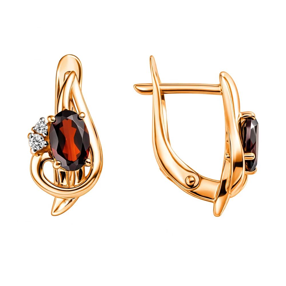 Серьги с гранатами и фианитами из красного золота 585 пробы