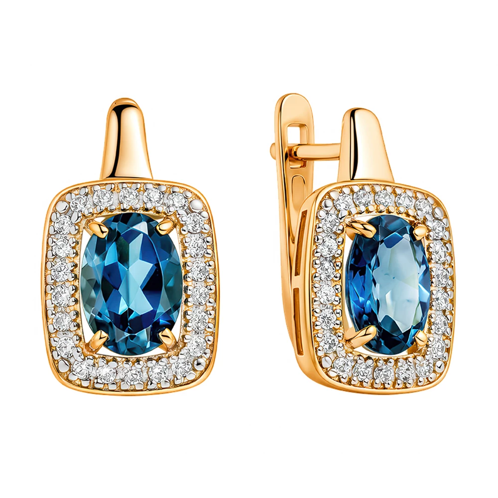 Серьги с топазом лондон и фианитами из красного золота 585 пробы