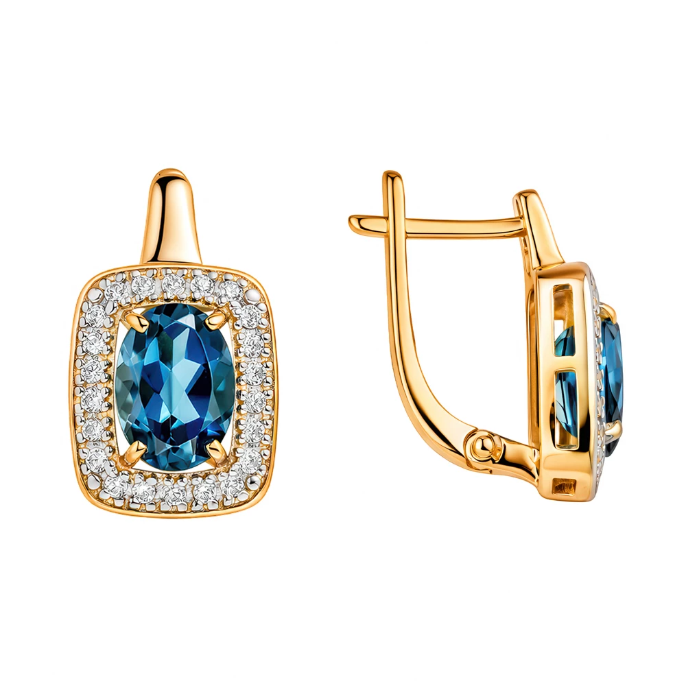 Серьги с топазом лондон и фианитами из красного золота 585 пробы