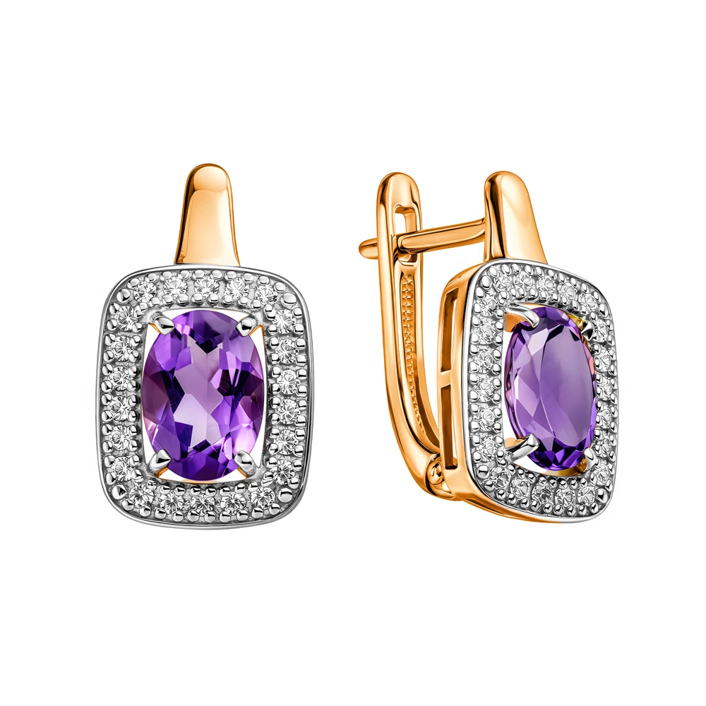 Серьги с аметистами и фианитами из желтого золота 585 пробы