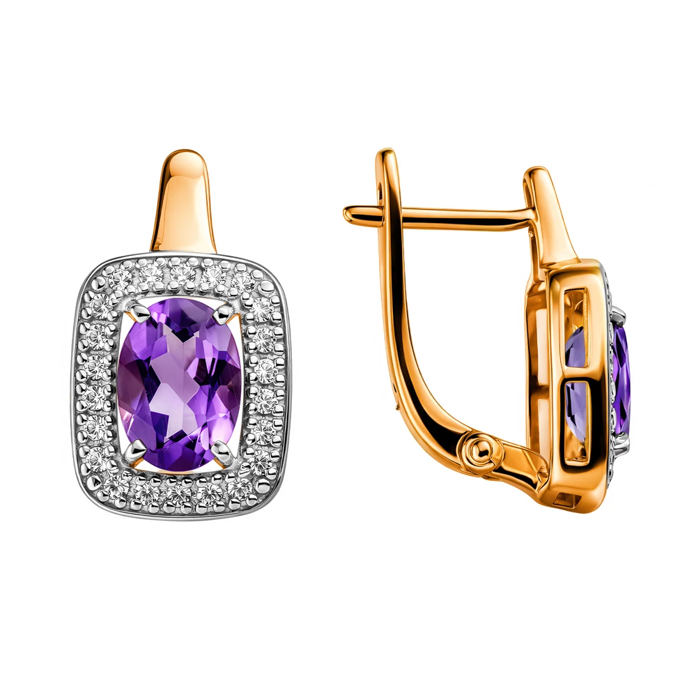 Серьги с аметистами и фианитами из желтого золота 585 пробы