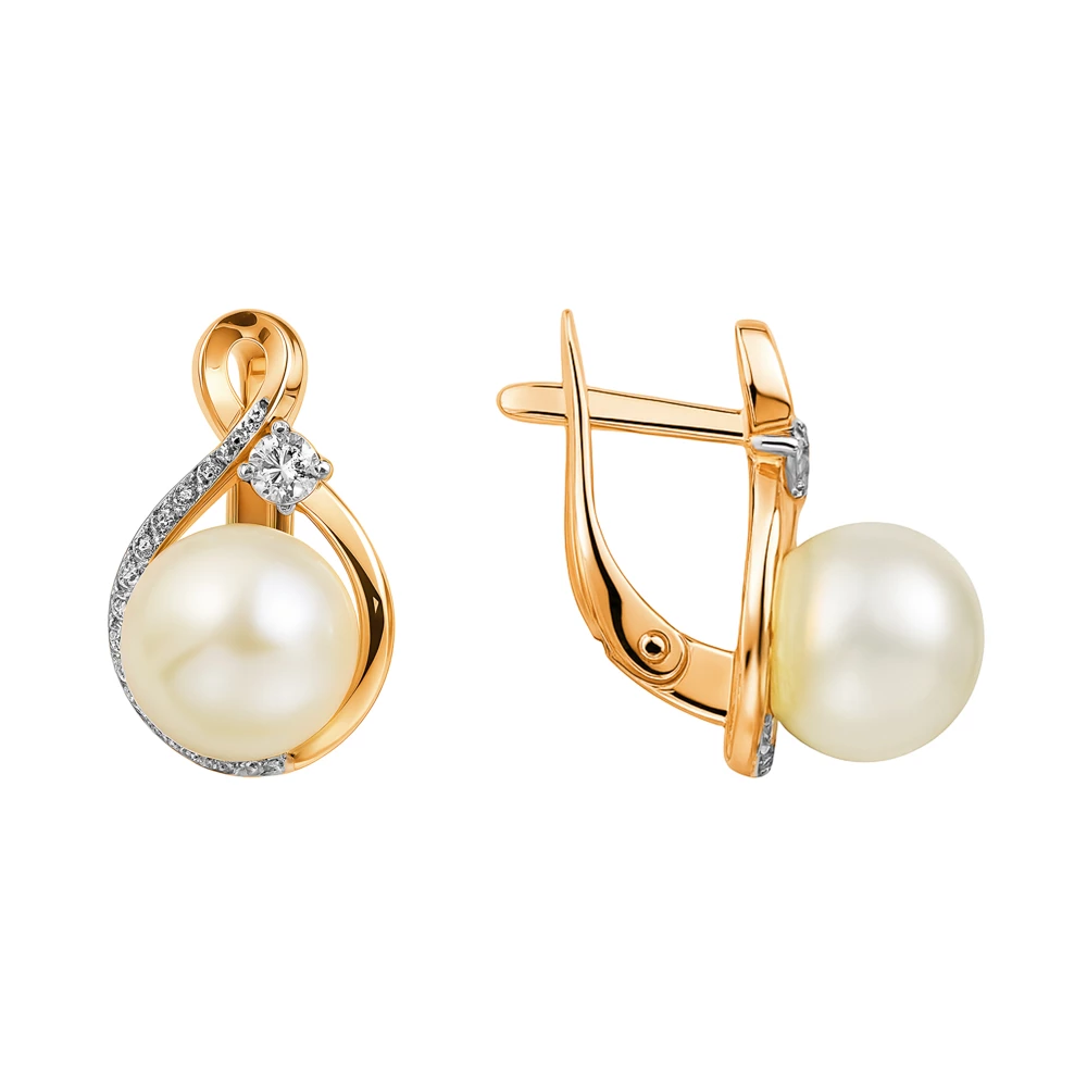 Серьги с культивированным жемчугом и фианитами из красного золота 585 пробы