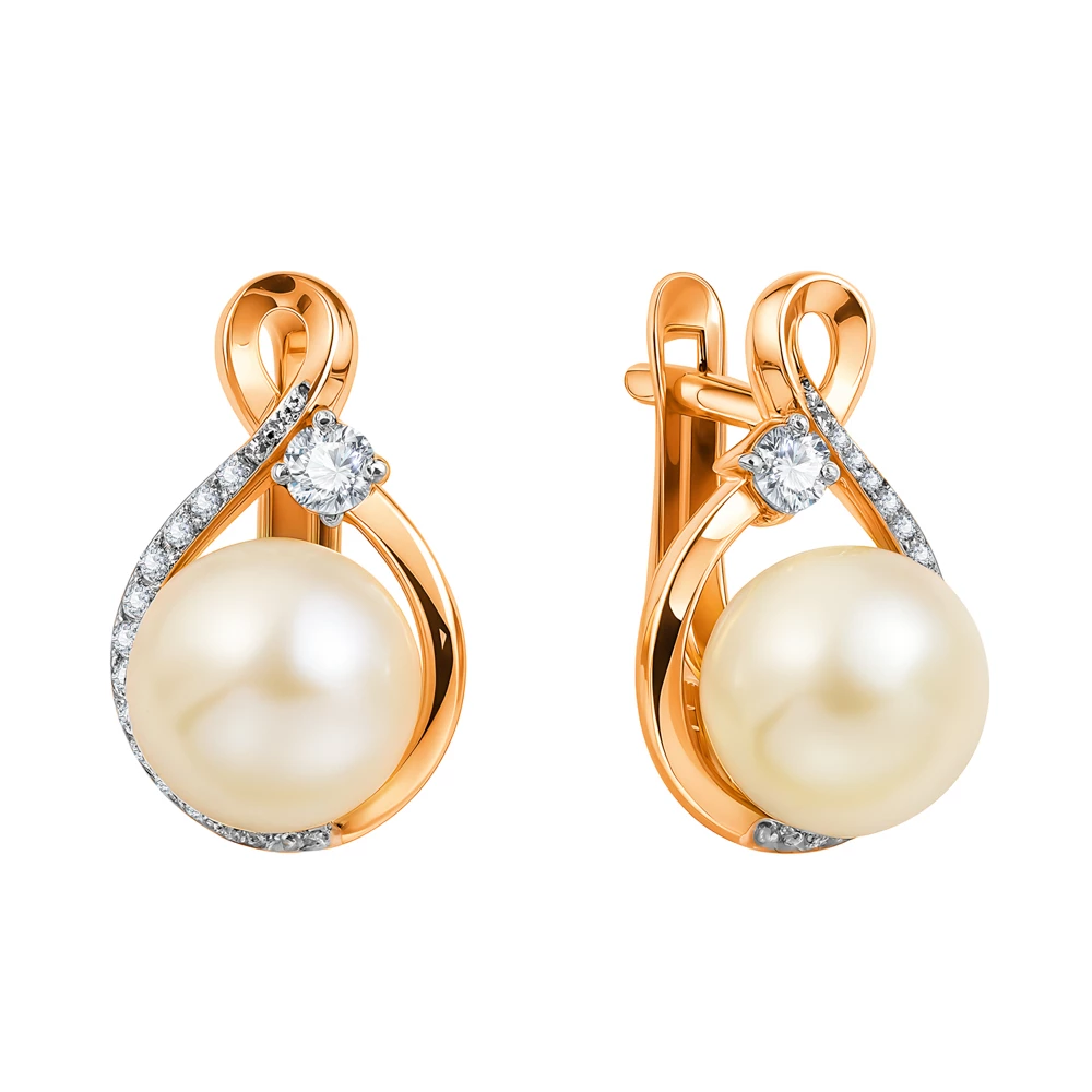 Серьги с культивированным жемчугом и фианитами из красного золота 585 пробы