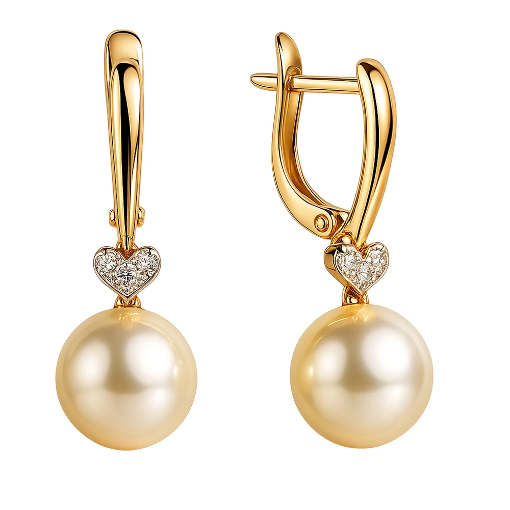 Серьги с культивированным жемчугом и фианитами из красного золота 585 пробы