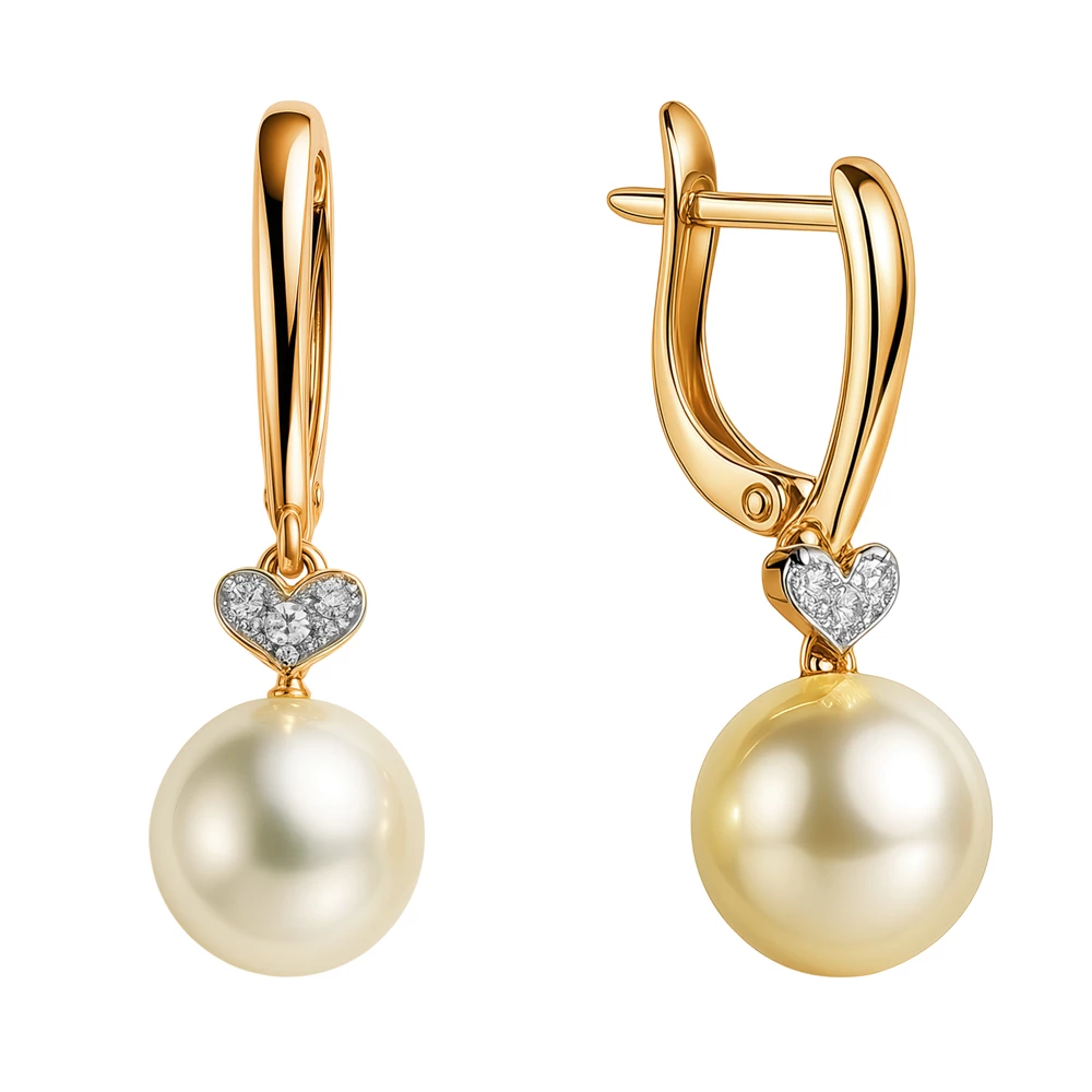 Серьги с культивированным жемчугом и фианитами из красного золота 585 пробы