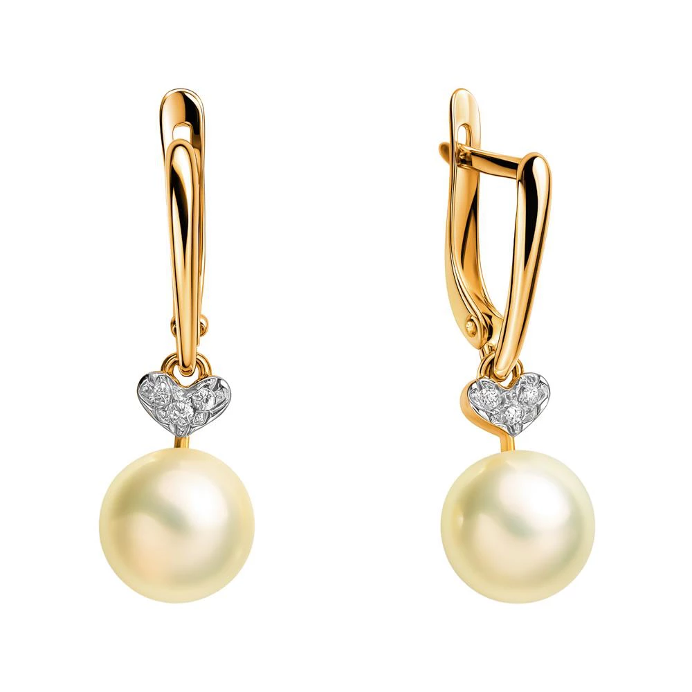 Серьги с культивированным жемчугом и фианитами из красного золота 585 пробы