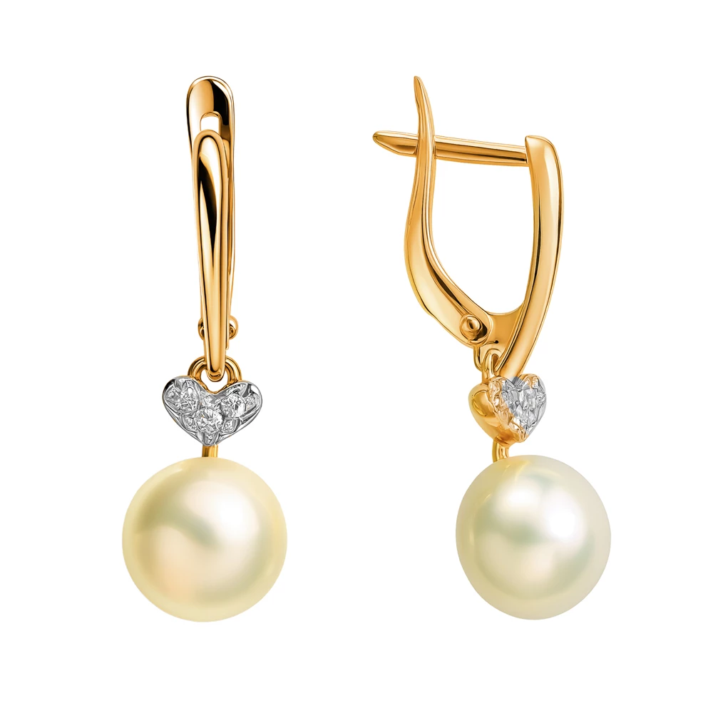 Серьги с культивированным жемчугом и фианитами из красного золота 585 пробы