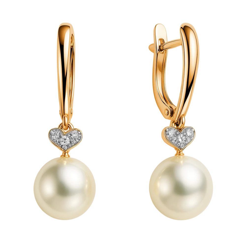 Серьги с культивированным жемчугом и фианитами из красного золота 585 пробы