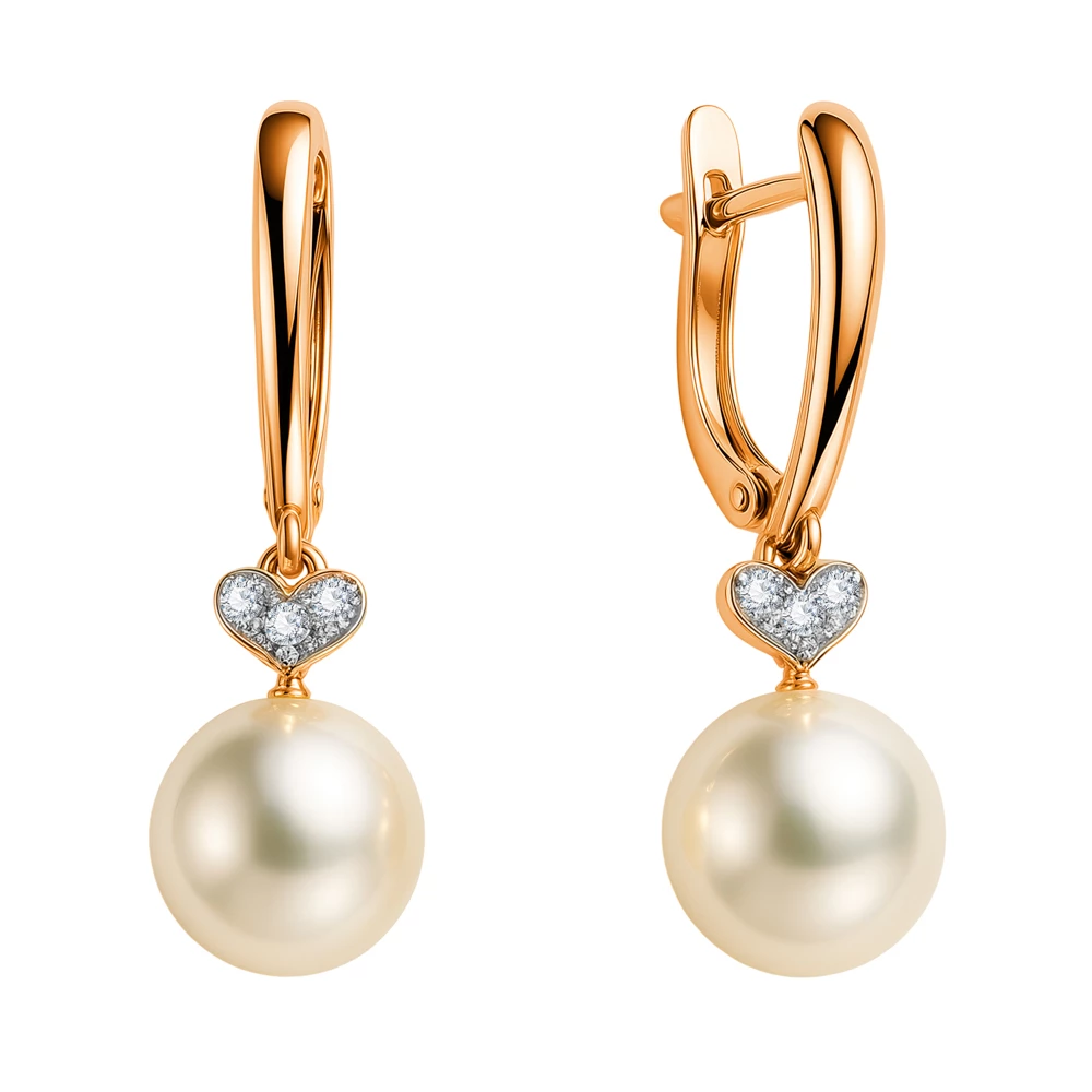 Серьги с культивированным жемчугом и фианитами из красного золота 585 пробы
