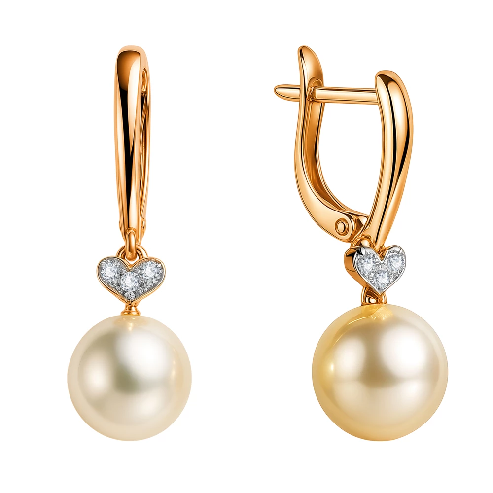 Серьги с культивированным жемчугом и фианитами из красного золота 585 пробы