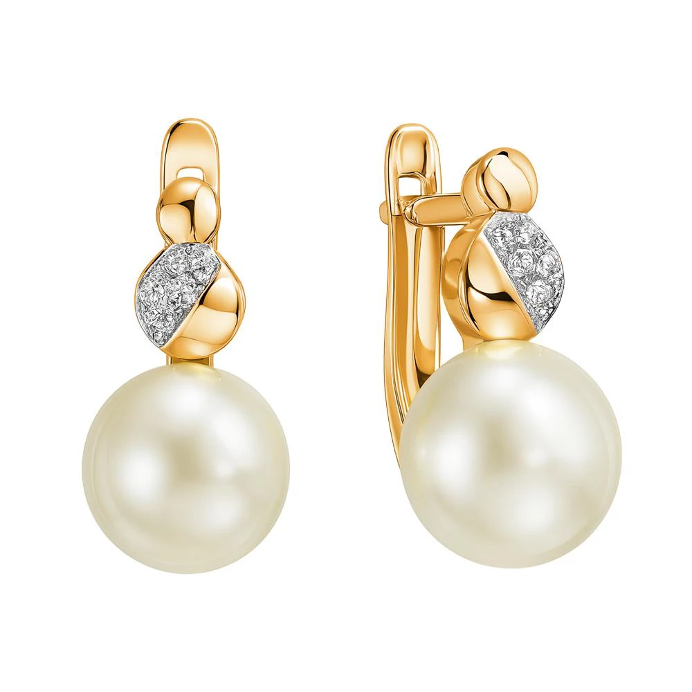 Серьги с культивированным жемчугом и фианитами из красного золота 585 пробы