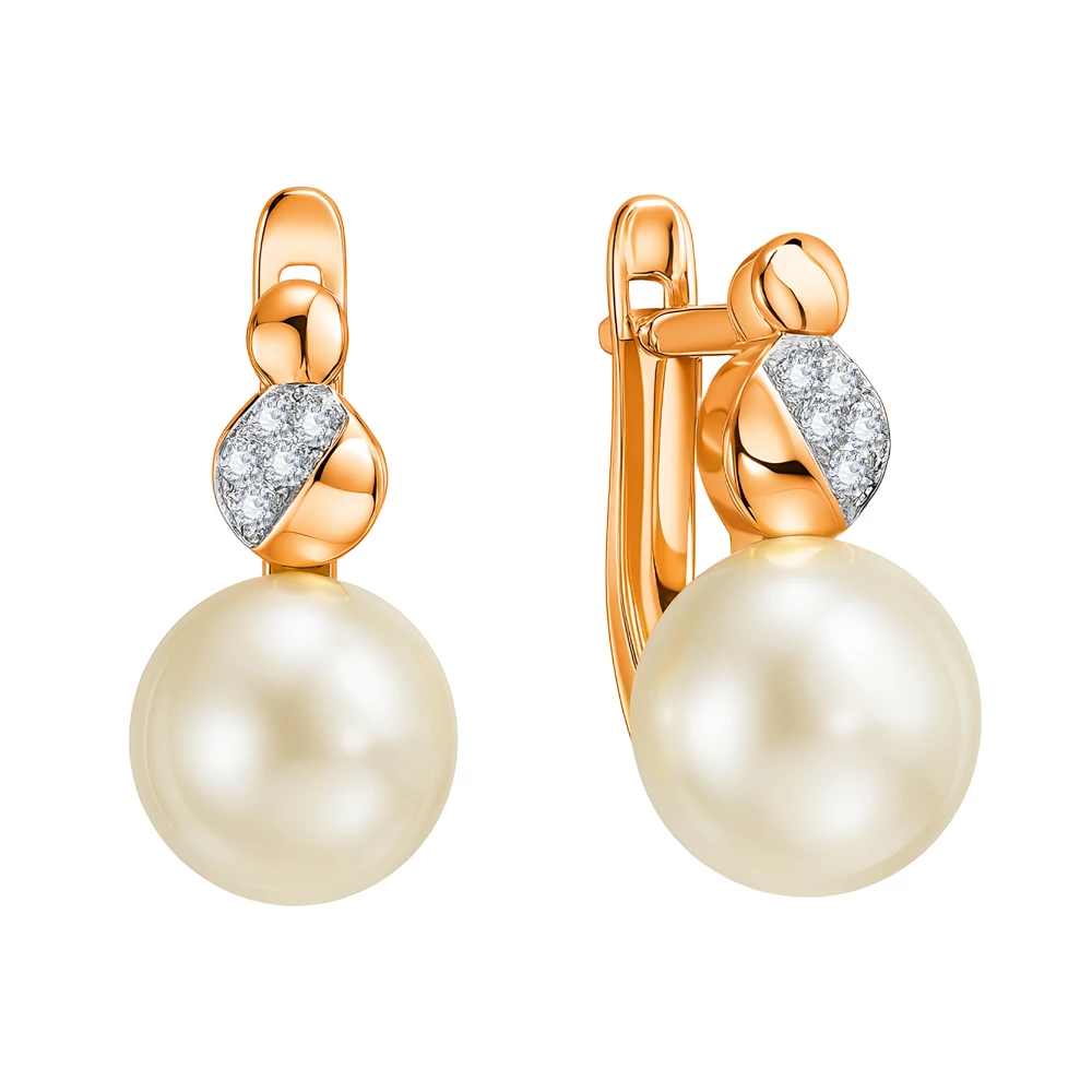 Серьги с культивированным жемчугом и фианитами из красного золота 585 пробы