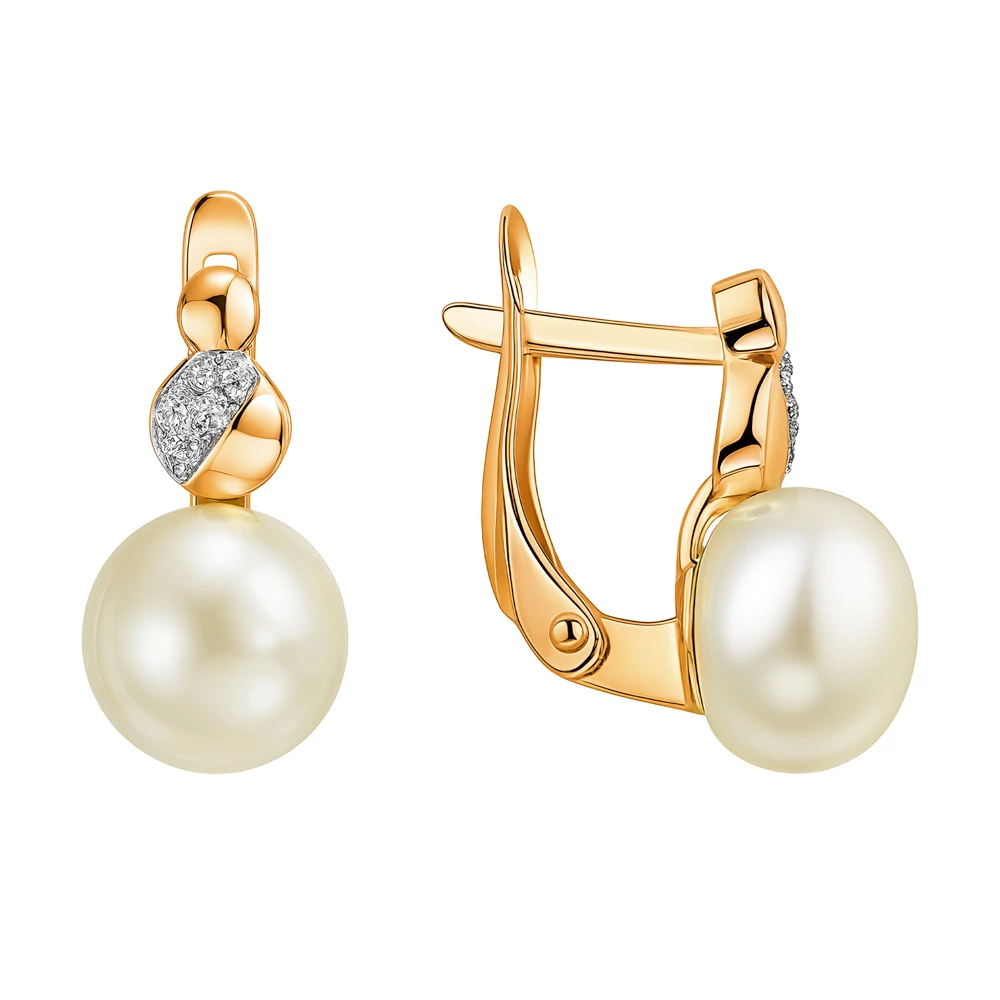 Серьги с культивированным жемчугом и фианитами из красного золота 585 пробы
