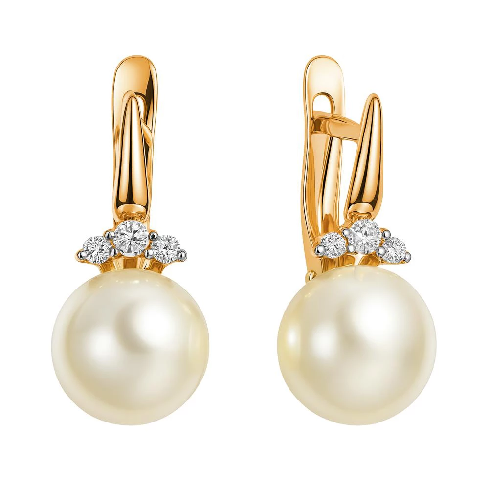 Серьги с культивированным жемчугом и фианитами из красного золота 585 пробы