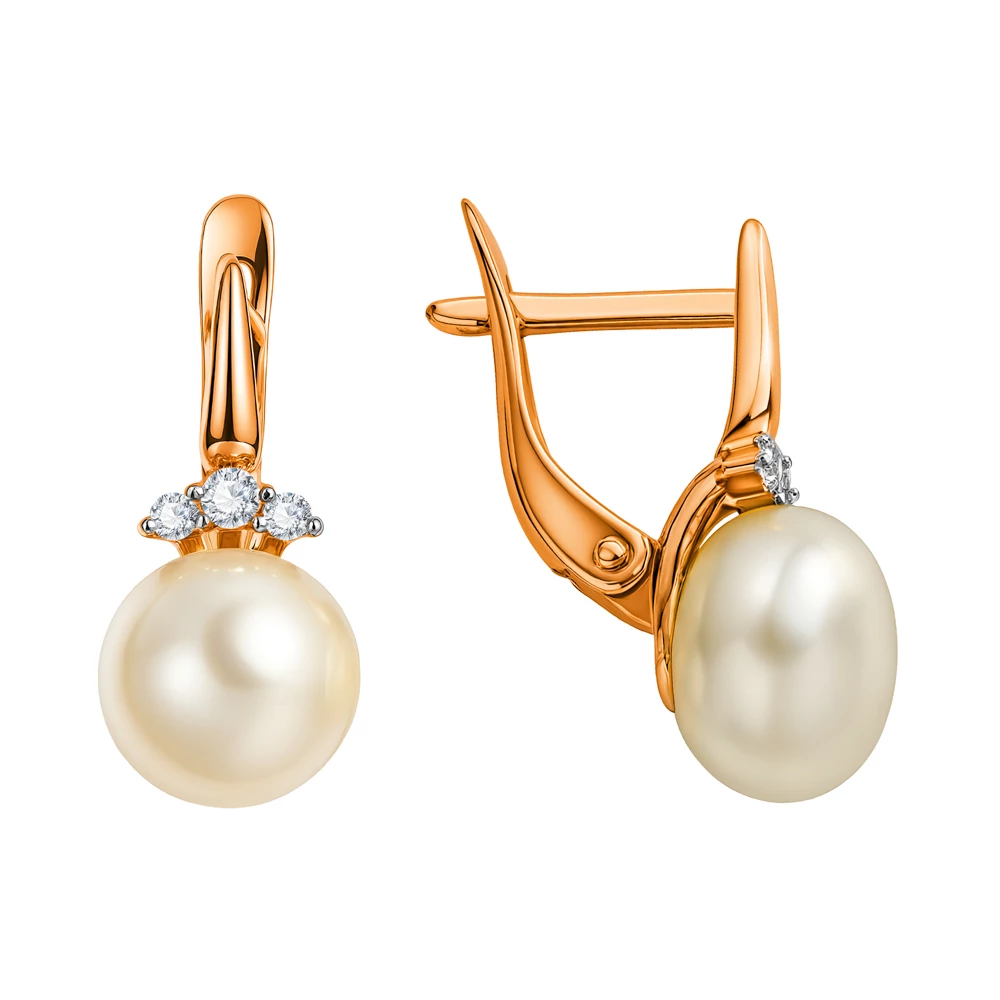 Серьги с культивированным жемчугом и фианитами из красного золота 585 пробы