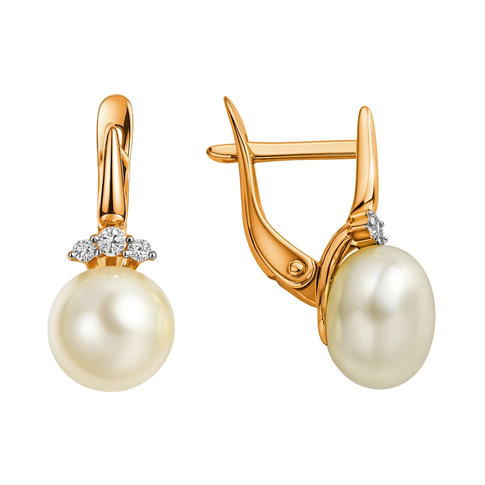 Серьги с культивированным жемчугом и фианитами из красного золота 585 пробы