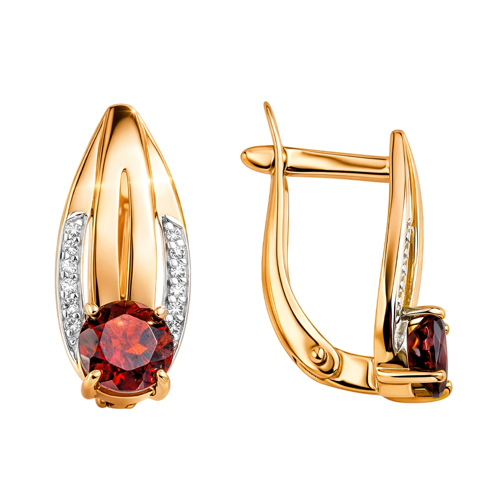 Серьги с гранатами и фианитами из красного золота 585 пробы