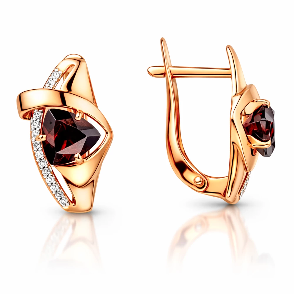 Серьги с гранатами и фианитами из красного золота 585 пробы