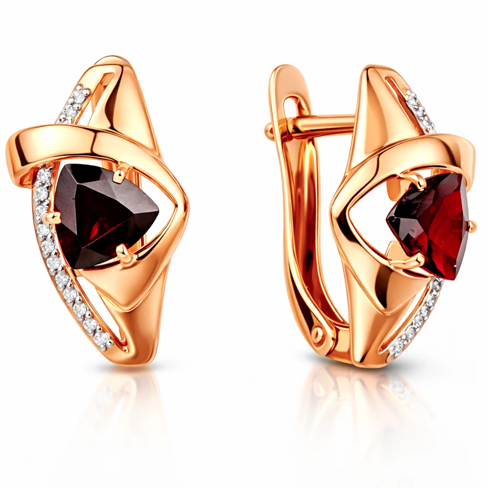 Серьги с гранатами и фианитами из красного золота 585 пробы