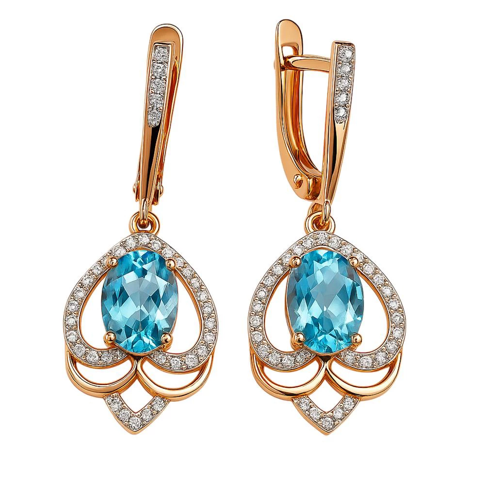 Серьги с топазами и фианитами из красного золота 585 пробы