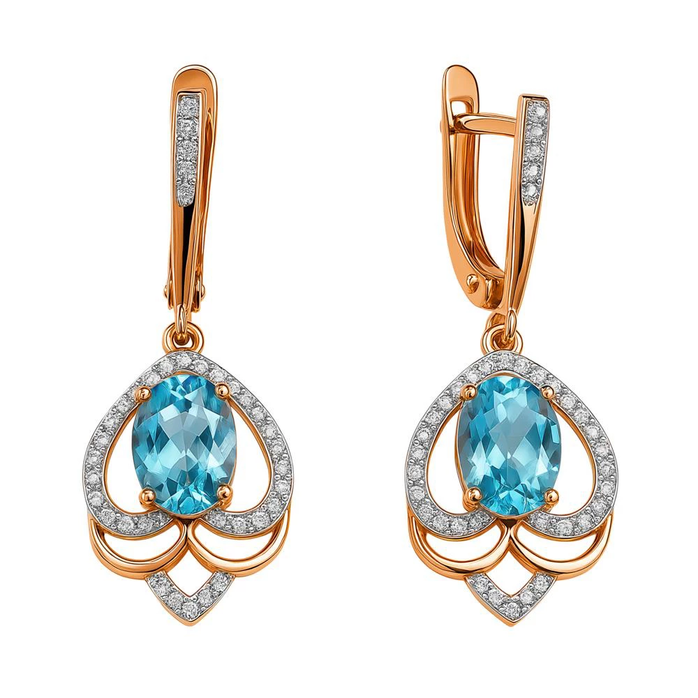 Серьги с топазами и фианитами из красного золота 585 пробы