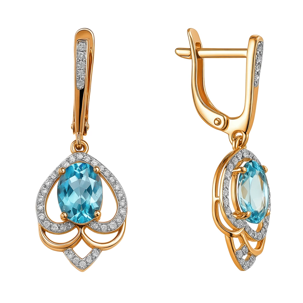 Серьги с топазами и фианитами из красного золота 585 пробы