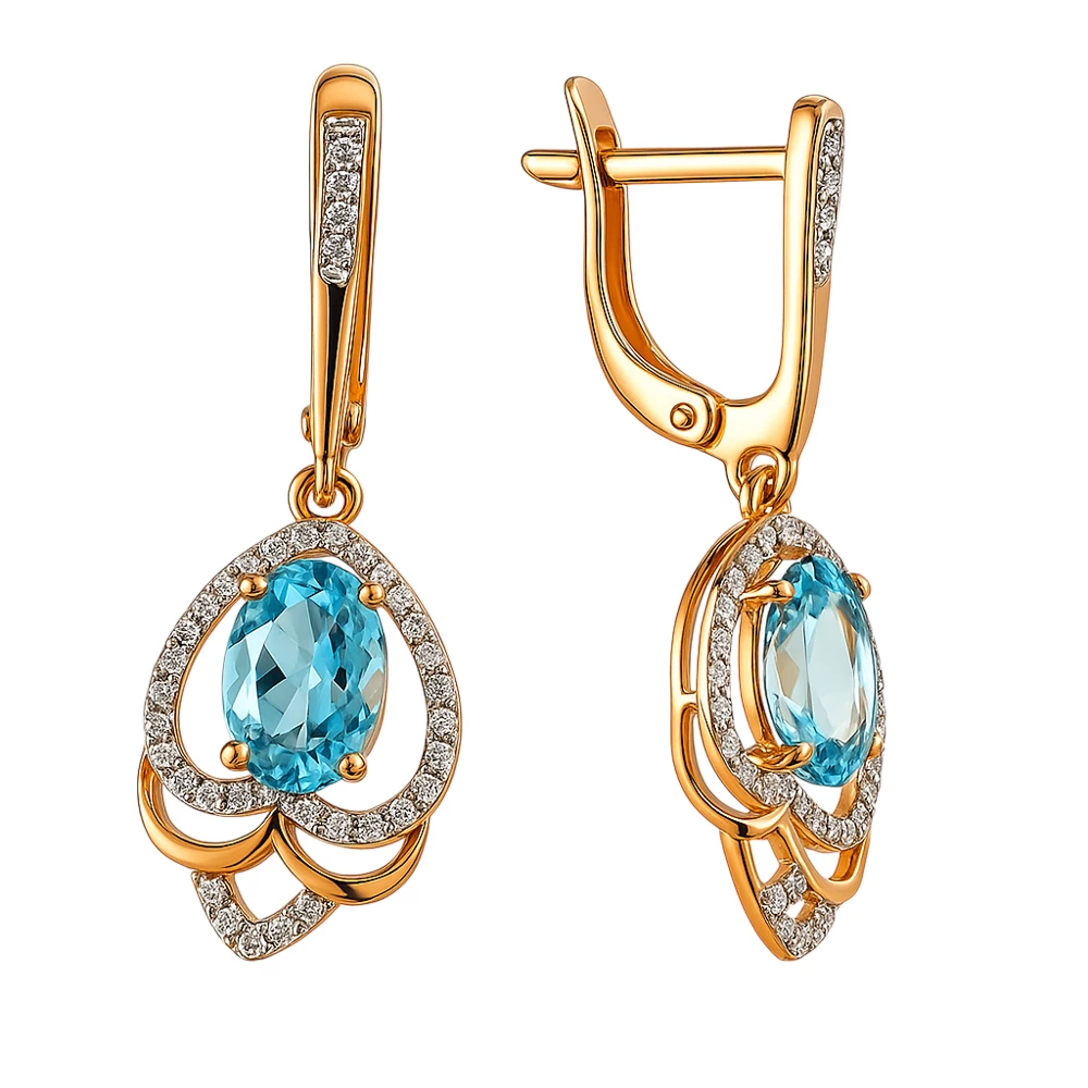 Серьги с топазами и фианитами из красного золота 585 пробы Серьги с топазами и фианитами из красного золота 585 пробы