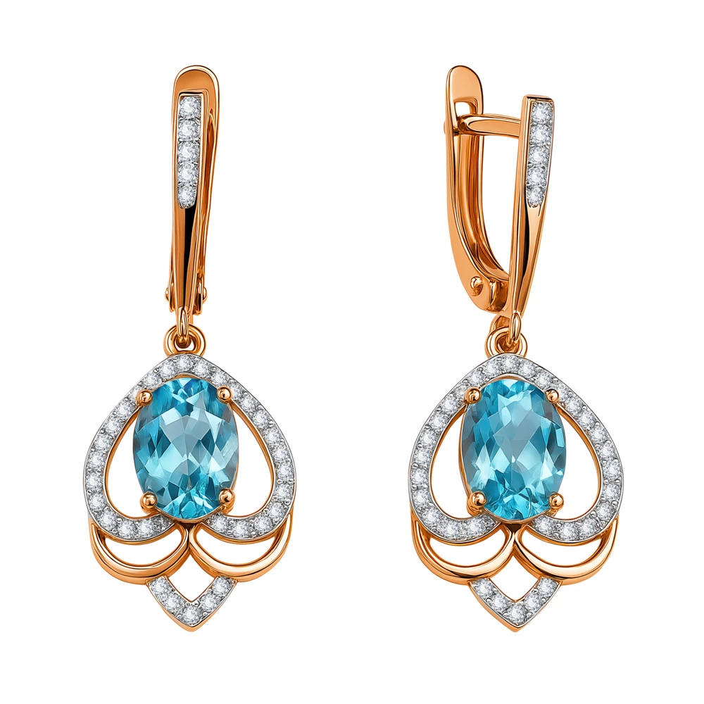 Серьги с топазами и фианитами из красного золота 585 пробы