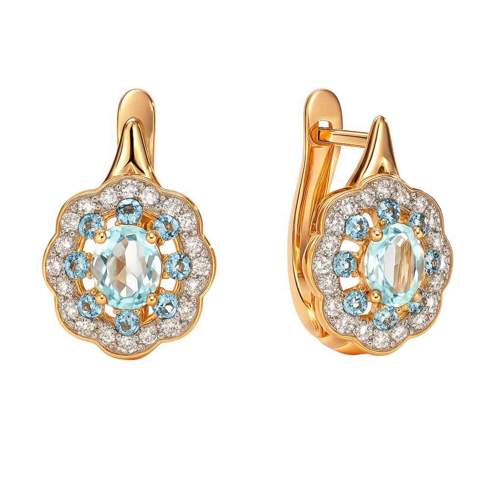 Серьги с топазами и фианитами из красного золота 585 пробы