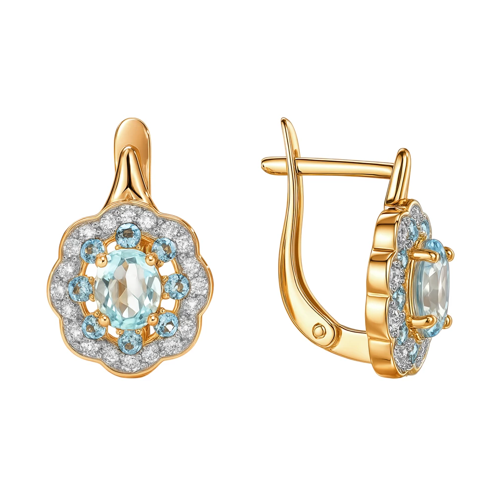 Серьги с топазами и фианитами из красного золота 585 пробы