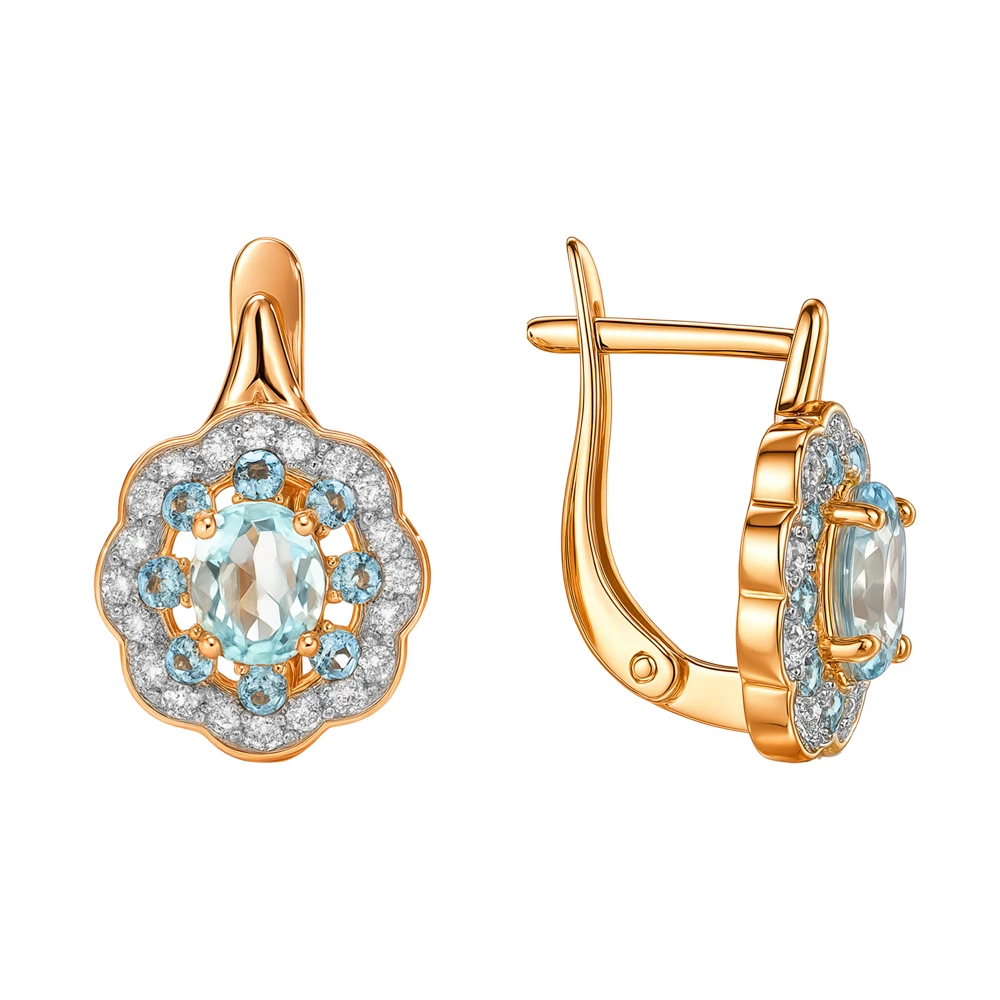 Серьги с топазами и фианитами из красного золота 585 пробы