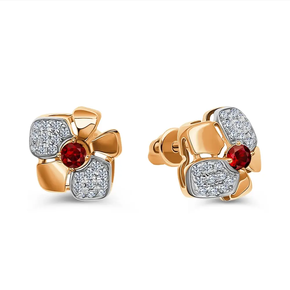 Серьги с гранатами и фианитами из красного золота 585 пробы 1