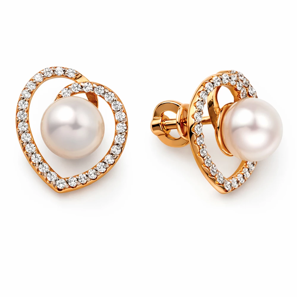 Серьги с культивированным жемчугом и фианитами из красного золота 585 пробы