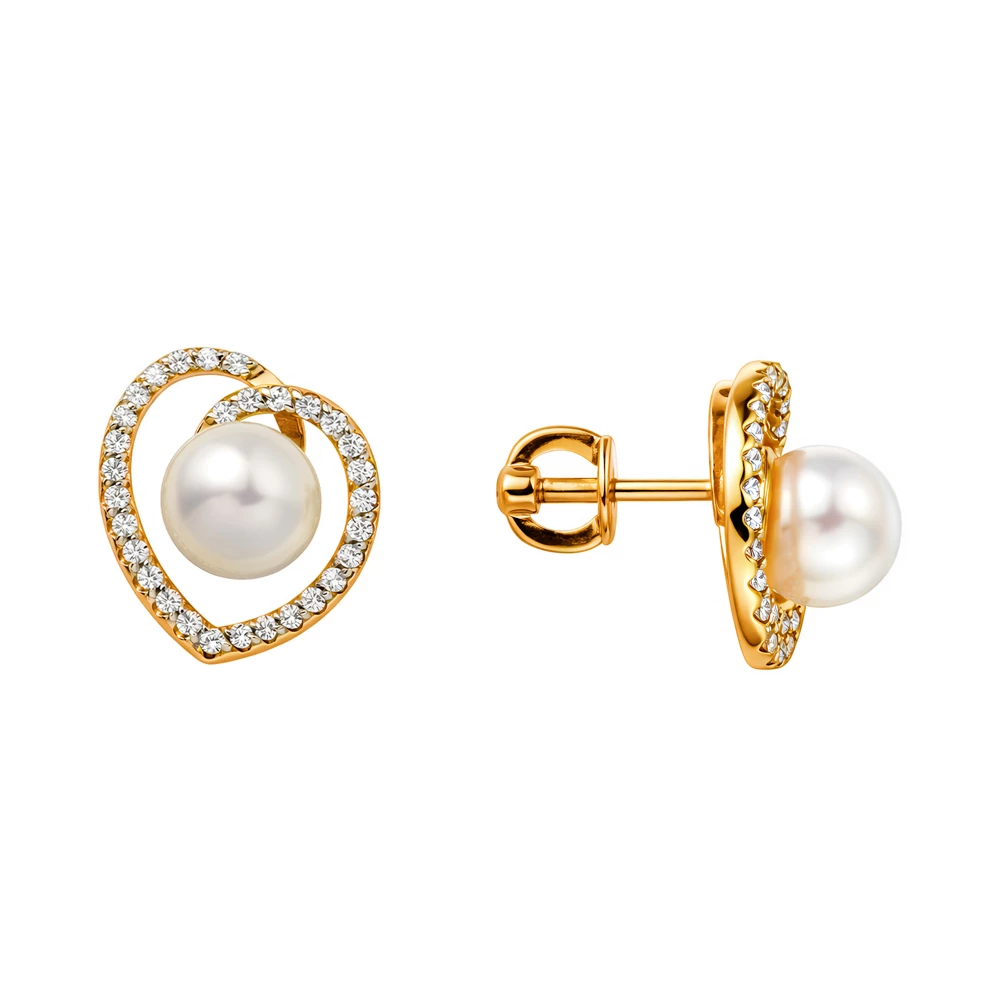 Серьги с культивированным жемчугом и фианитами из красного золота 585 пробы Серьги с культивированным жемчугом и фианитами из красного золота 585 пробы