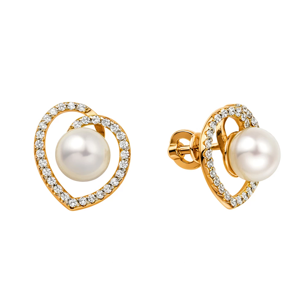 Серьги с культивированным жемчугом и фианитами из красного золота 585 пробы Серьги с культивированным жемчугом и фианитами из красного золота 585 пробы