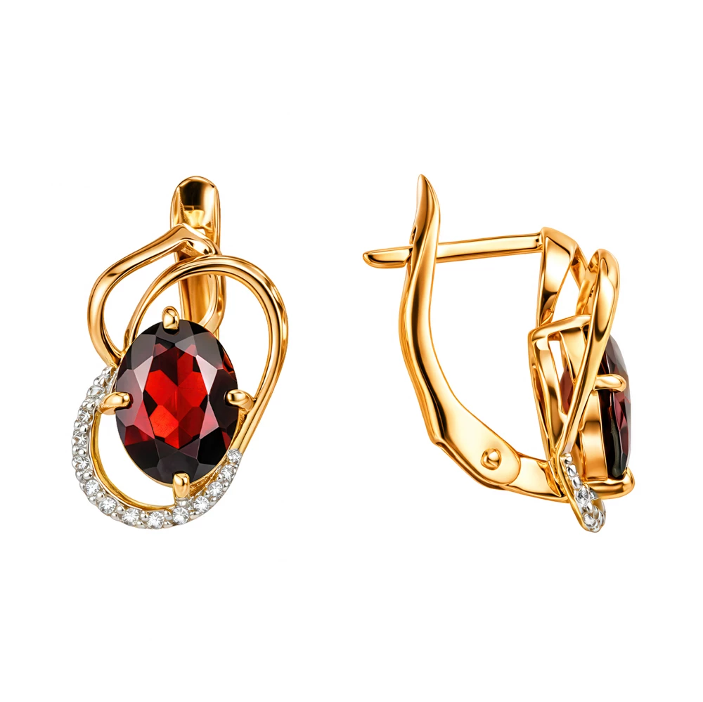 Серьги с гранатами и фианитами из красного золота 585 пробы