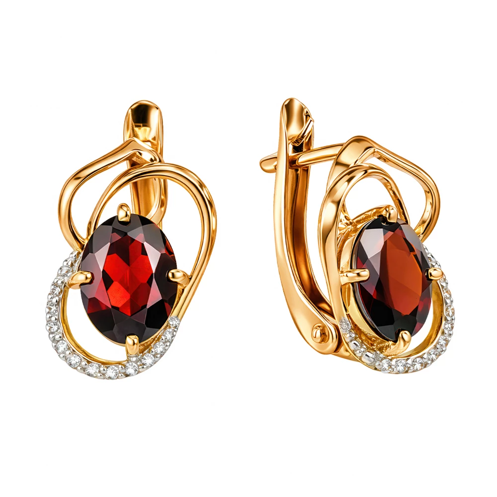 Серьги с гранатами и фианитами из красного золота 585 пробы