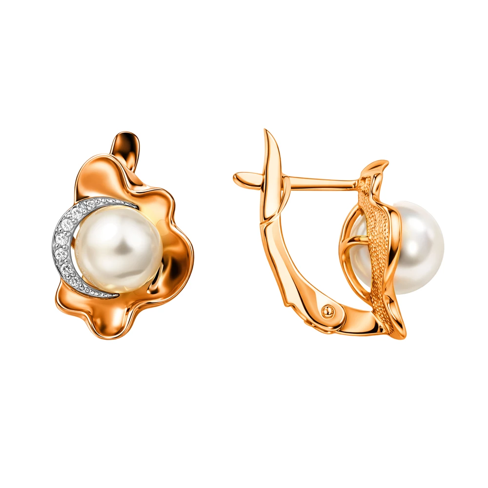 Серьги с культивированным жемчугом и фианитами из красного золота 585 пробы