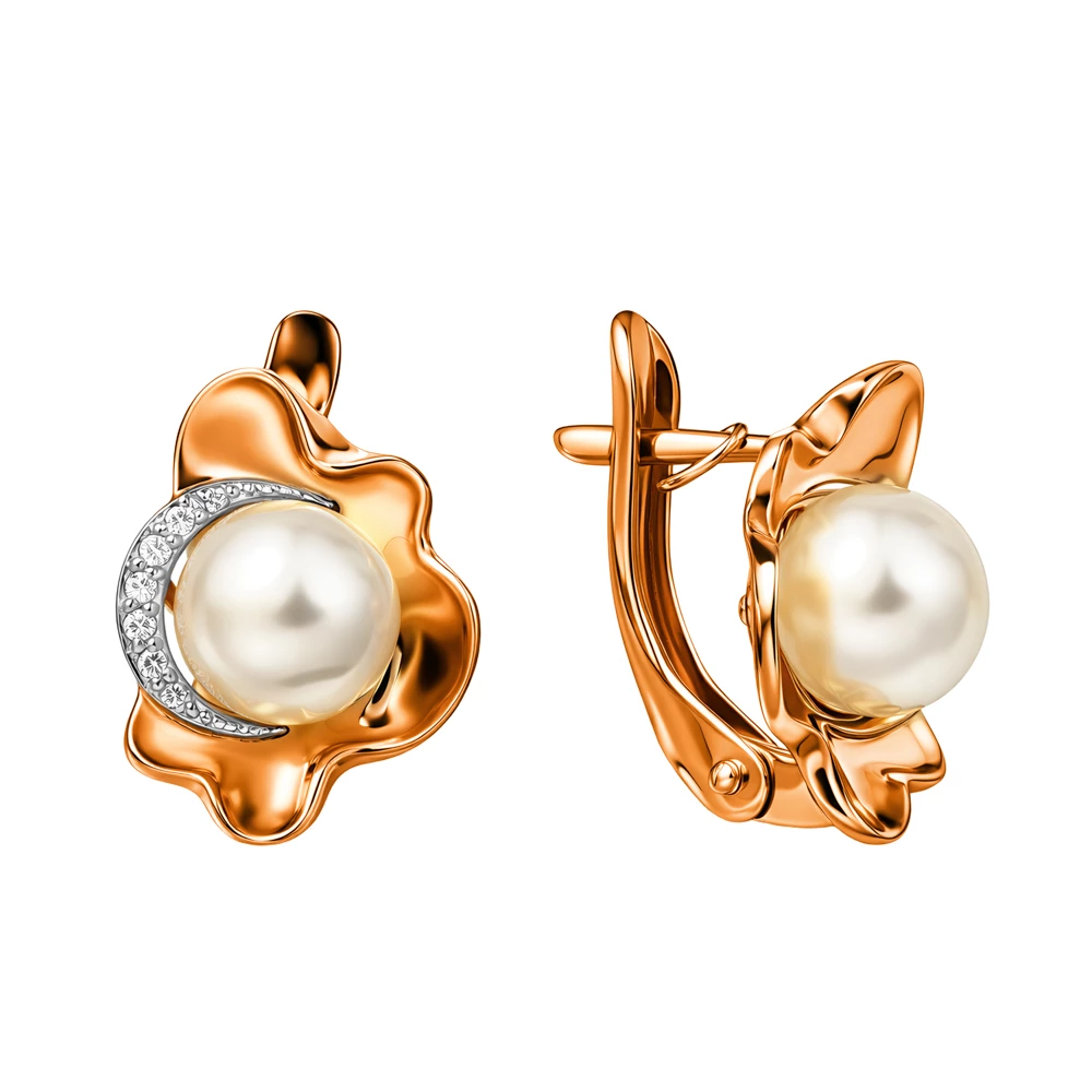 Серьги с культивированным жемчугом и фианитами из красного золота 585 пробы