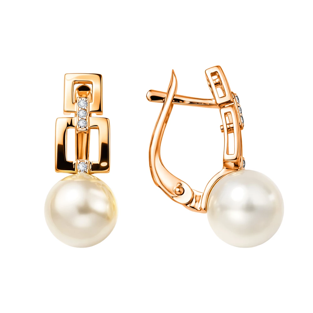 Серьги с культивированным жемчугом и фианитами из красного золота 585 пробы