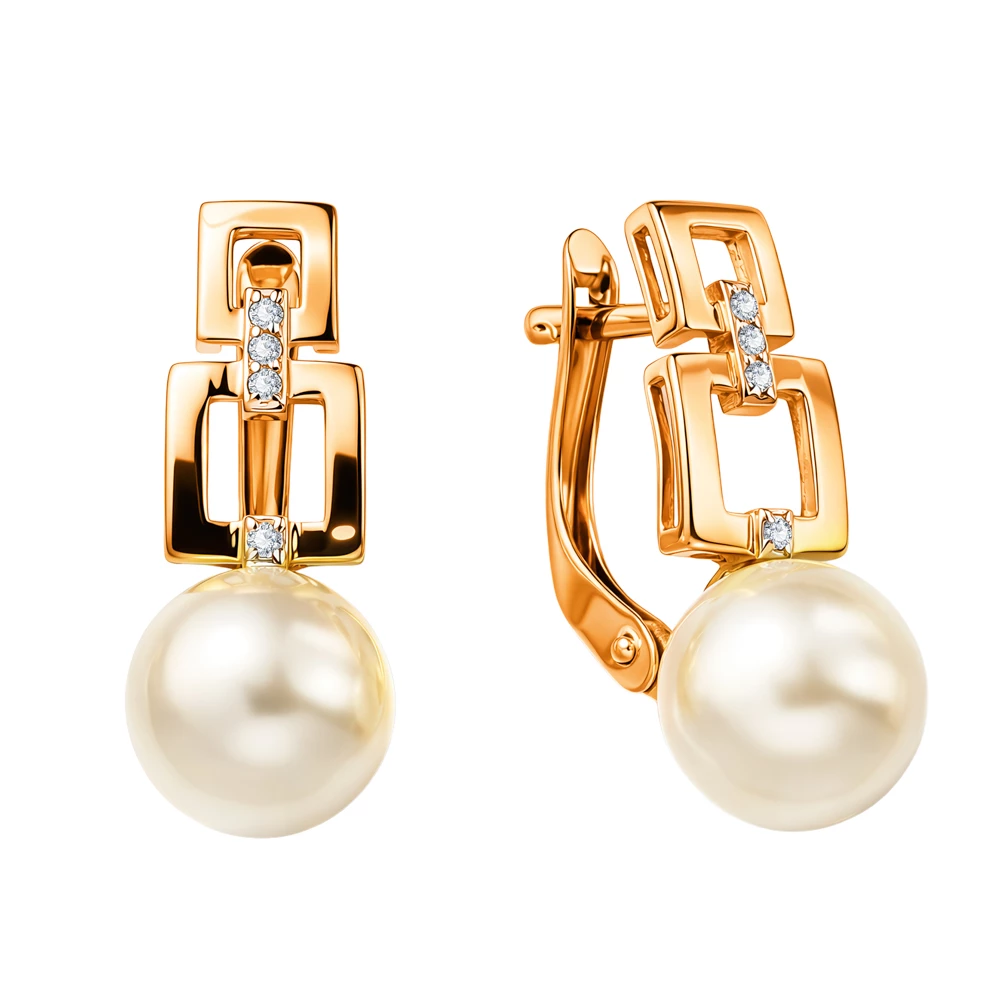Серьги с культивированным жемчугом и фианитами из красного золота 585 пробы