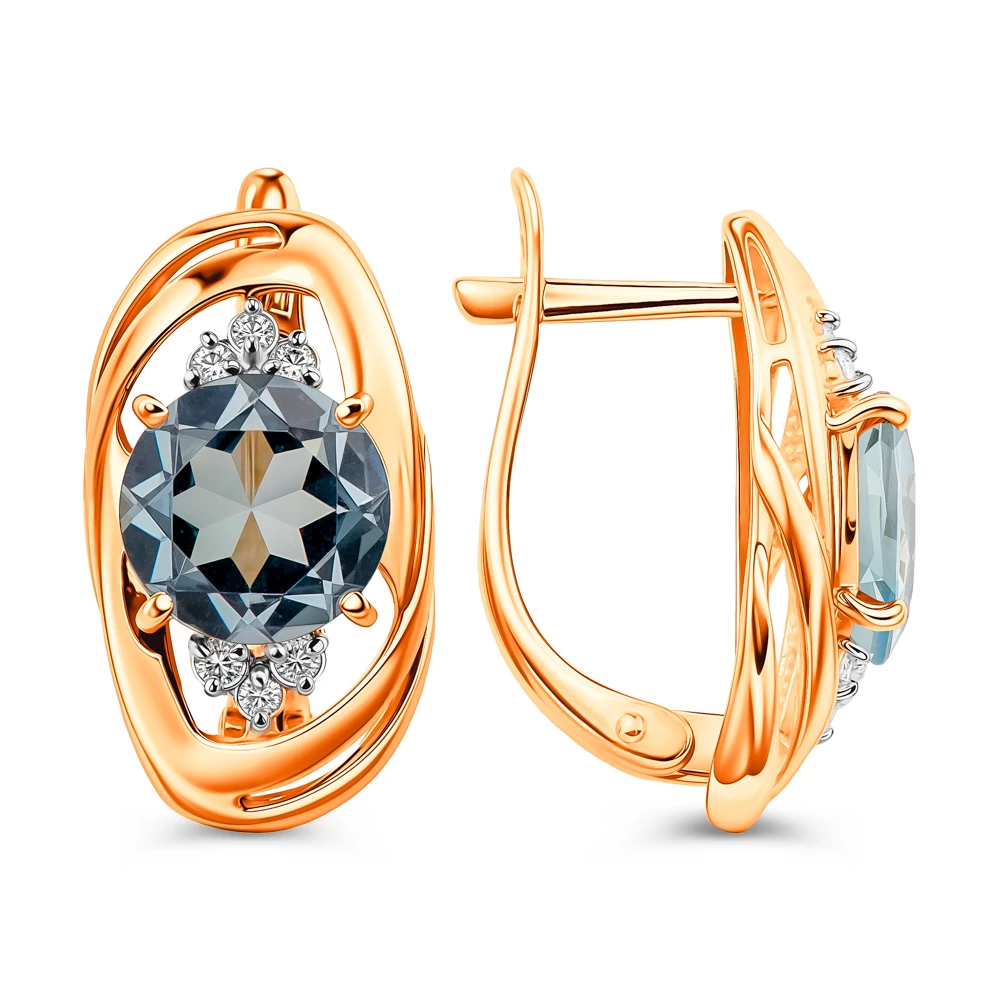 Серьги с топазами и фианитами из красного золота 585 пробы