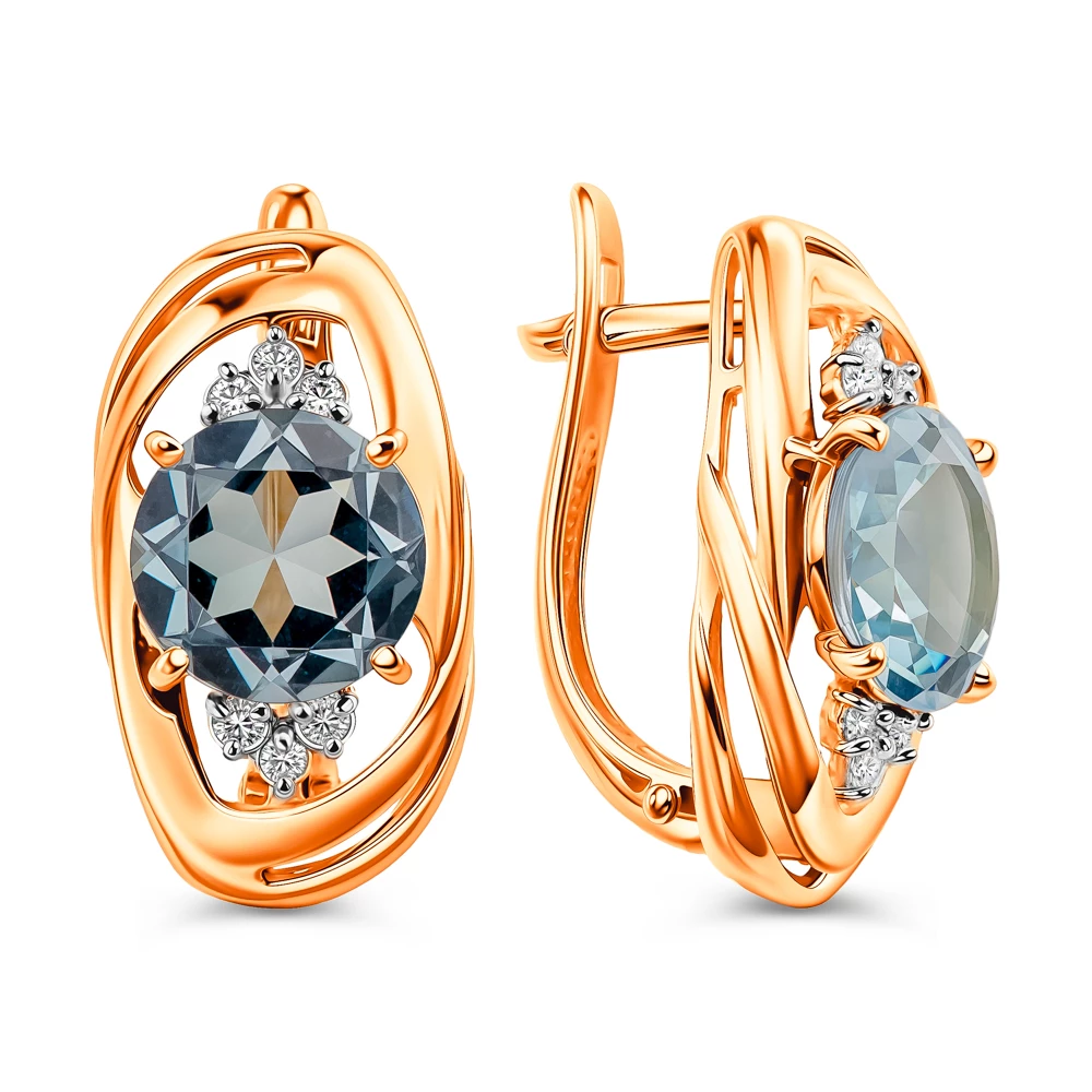 Серьги с топазами и фианитами из красного золота 585 пробы