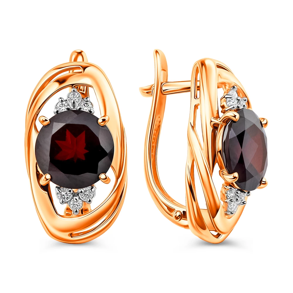 Серьги с гранатами и фианитами из красного золота 585 пробы