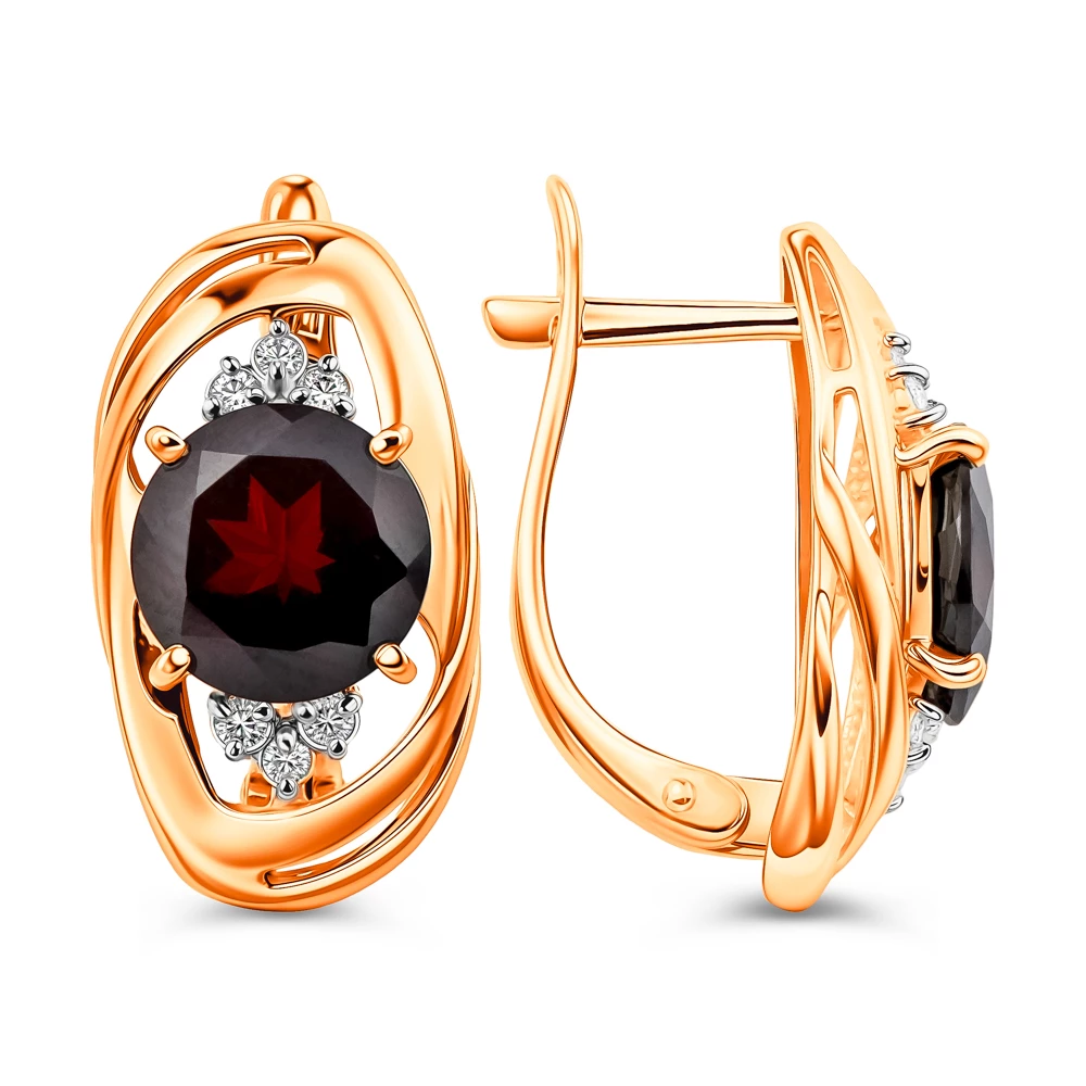 Серьги с гранатами и фианитами из красного золота 585 пробы