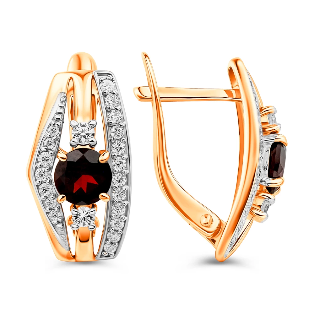 Серьги с гранатами и фианитами из красного золота 585 пробы