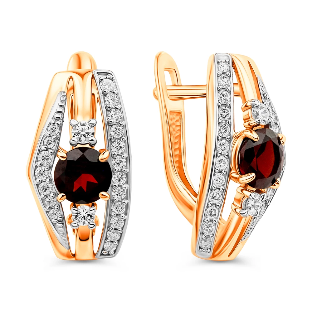 Серьги с гранатами и фианитами из красного золота 585 пробы